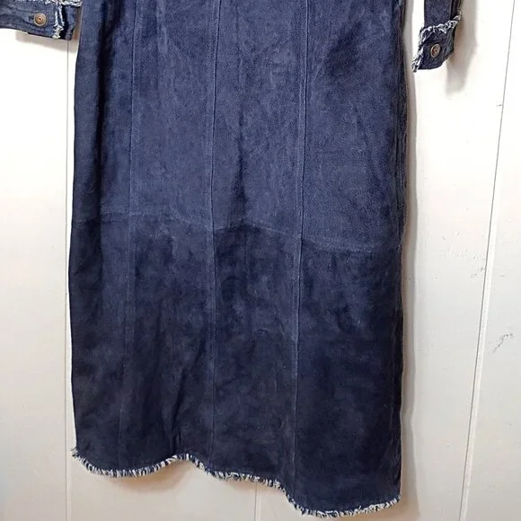 VTG Wilsons Leather Maxima Navy Blue Fringe Trench Coat Womens Medium Y2K 90s - Picture 7 of 7